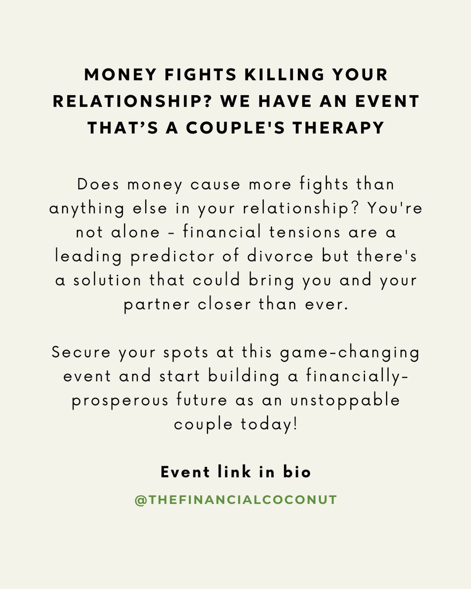 coconutfinance's tweet photo. No more resentment or overspending accusations. Just proven tools to manage your money as an unstoppable team.

Save your relationship from becoming another moneystatistic.

Get your tickets https://t.co/pMDLpJiLEp https://t.co/qIueaJ1T2v
