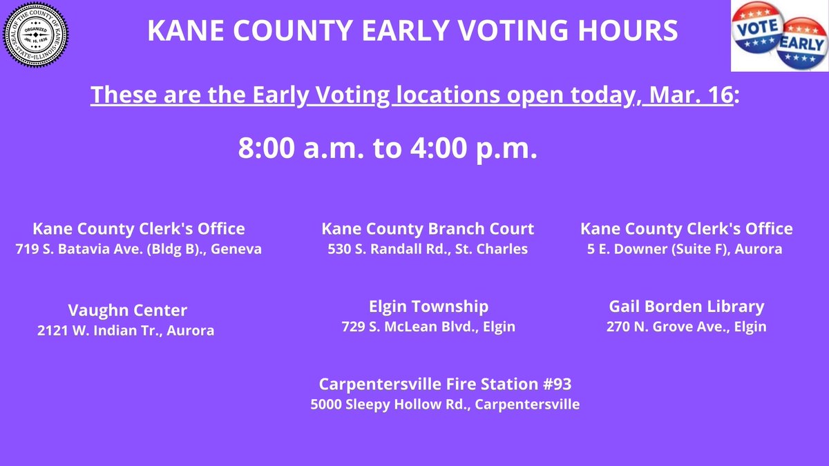 Good morning! #EarlyVoting in #KaneCounty continues this weekend. If you don't want to take the chance of waiting in a line to vote next week, you can vote today at any Early Voting site. clerk.kanecountyil.gov/Elections/Page… Want your personalized sample ballot? clerk.kanecountyil.gov/Elections/Page…