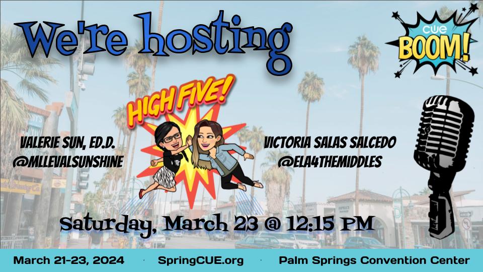 Aw yeaahh! @ela4themiddles & I will be introducing the #CUEBOOM-ers on Sat at #CUE24! Get ready for some major inspo from incredible educators: @jesush1979 @MissMoeTeaches @RemScience @SusanStewartEDU @portsprogram @GreenScreenGal @LisaTeachesTech @bribriggs #wearecue