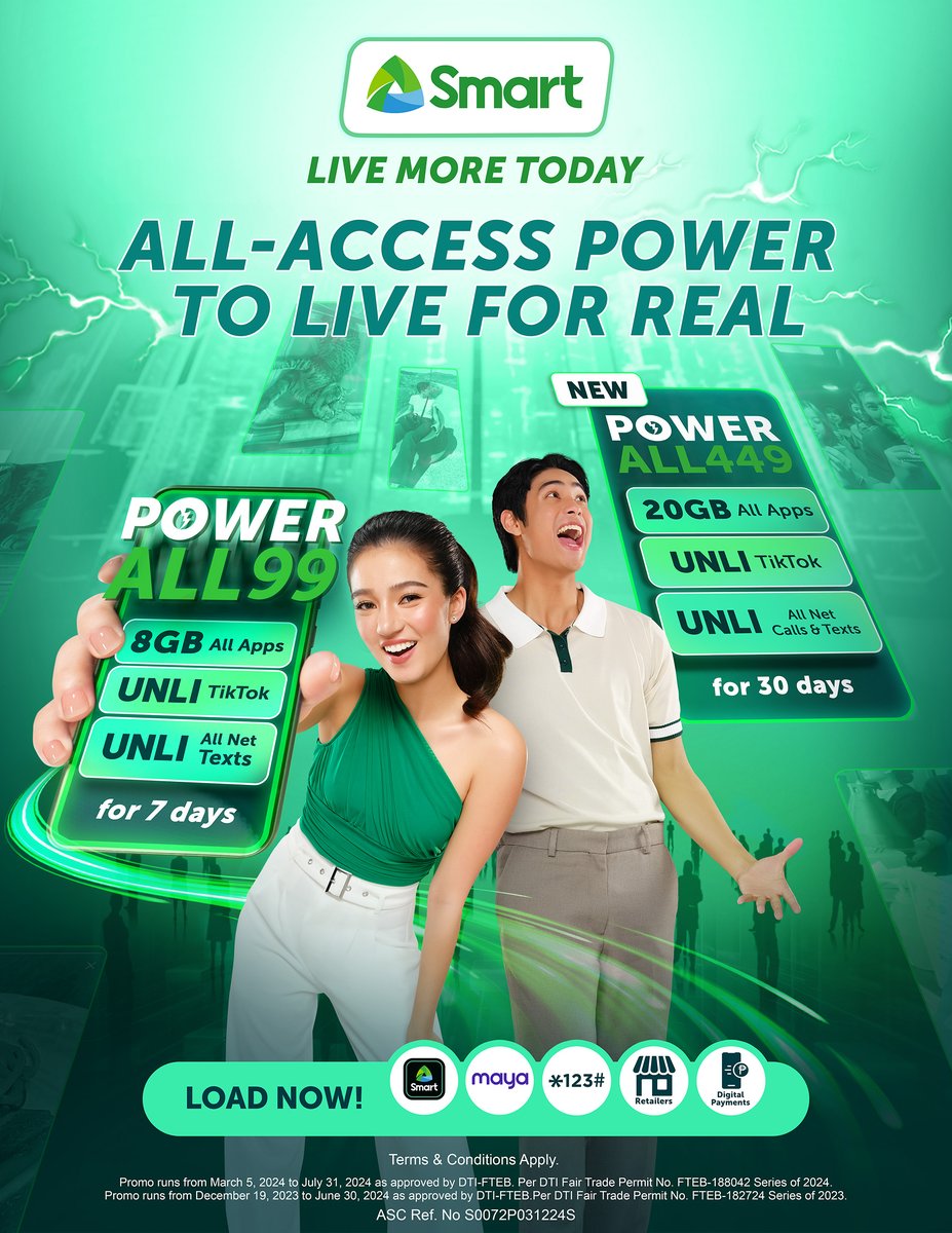 Power up your life and do it all with Smart Power All! Get all-access data, Unli TikTok, and more for as low as ₱99 for 7 days. 

Load now: smrt.ph/PA2tw
Learn more: smrt.ph/liveforrealtw

#LiveForRealWithSmart