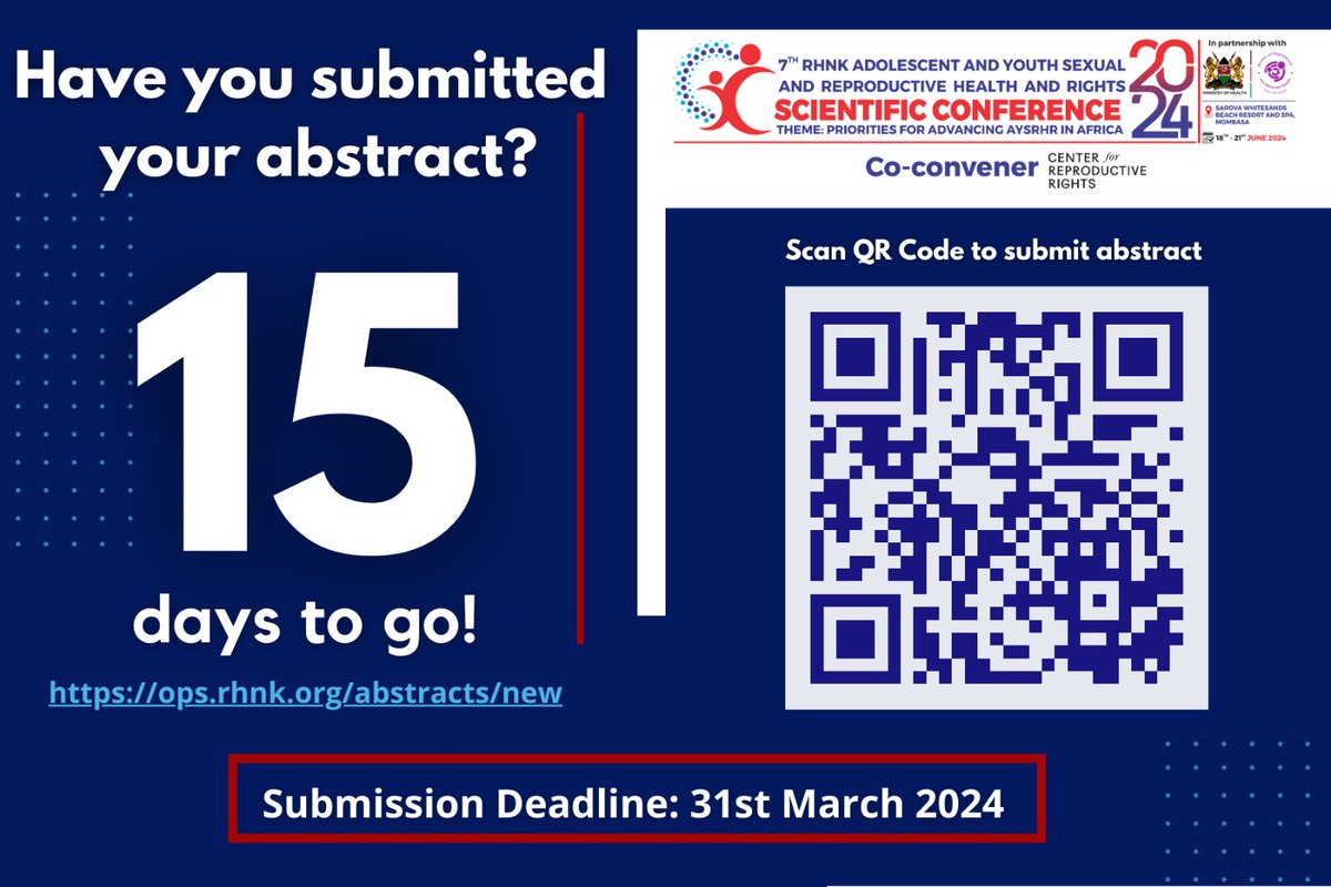 Ready to be a voice for change? Submit your abstract on AYSRHR priorities and be part of the conversation at #RHNKConference2024. 
Click here⤵️ to submit
ops.rhnk.org/abstracts/new

<a href="/rhnkorg/">Reproductive Health Network Kenya</a> <a href="/eannaso/">EANNASO</a> <a href="/FP2030ESA/">FP2030ESA</a>
<a href="/Icpd25YouthKE/">ICPD25-YCoalitionKE</a>
<a href="/MOH_Kenya/">Ministry of Health</a> <a href="/Hewlett_Found/">Hewlett Foundation</a>