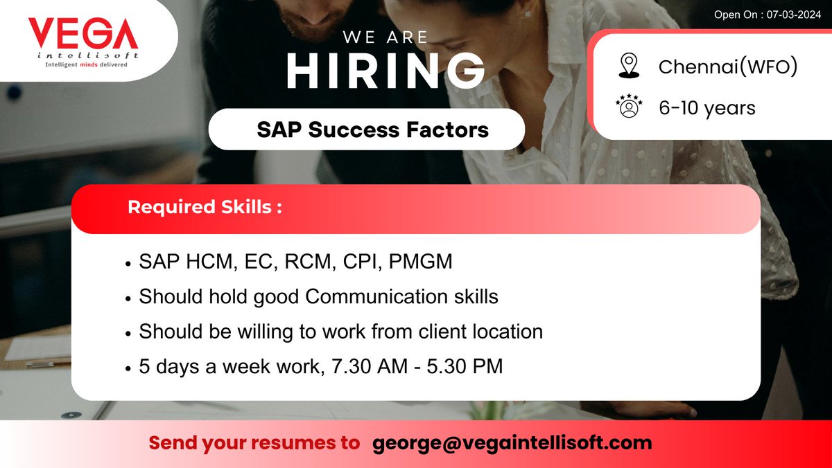 #vegaintellisoft #job #career #hiring #wearehiring #vega #SAPSuccessFactors #SuccessFactors #HRSoftware #HumanResources #TalentManagement #CloudHCM #HCMSoftware #SAPHR #HRTech #HRIS #Recruitment #PerformanceManagement #EmployeeEngagement #WorkforceManagement #HRAnalytics