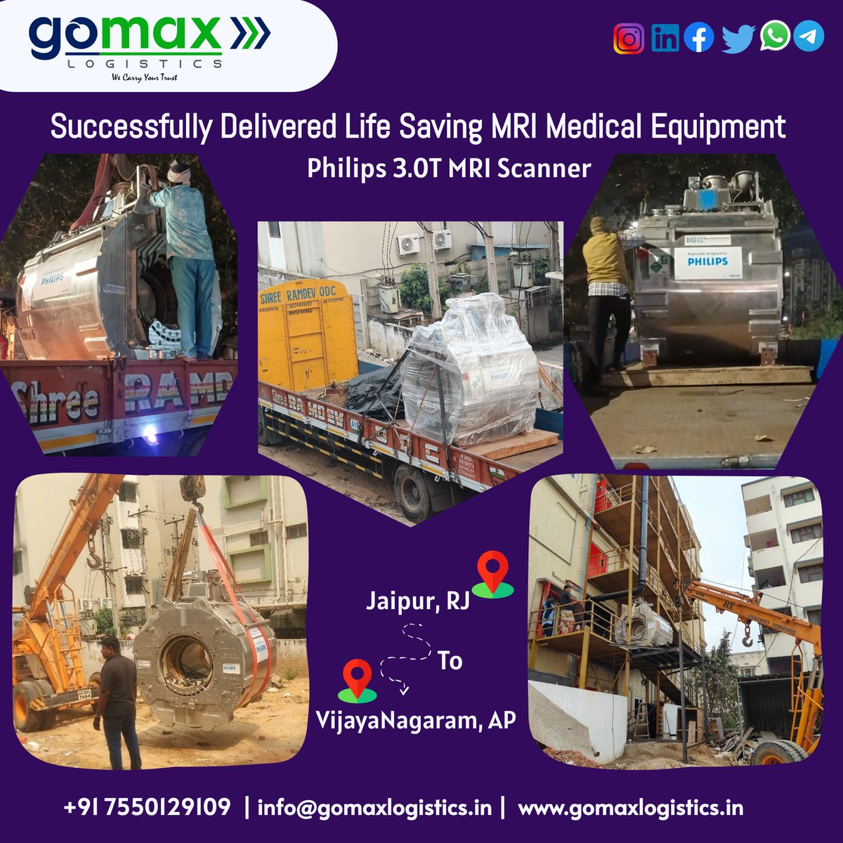 GomaxLogistics's tweet photo. @Gomax Logistics achieved one more milestone Successfully transported MRI equipment KHETAN DIAGNOSTIC CENTER JAIPUR To KASHVI HOSPITAL Vijayanagaram,  #mri #mrics #mriscan #medicaldevices #medicaldevice #medicalequipment #medicaladvancements #medicalexcellence #hospitalityindustr https://t.co/pCPXWDf05V