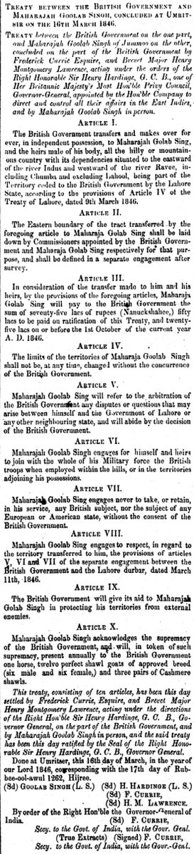 16th March, 1846: The great & vast state of J&K comes into existence This is the original Muhaida Umritsar (Treaty of Amritsar) as published in The Bombay Journal in 1846. If you use 'JK', 'J&K', 'Jammu Kashmir' as a noun, prefix or a suffix, thank this day. #jambu #cashmere