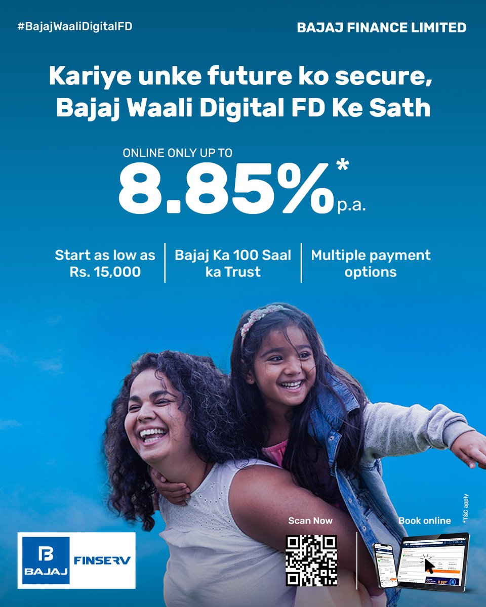 Jab returns ho aisa, toh sabhi chunenge Bajaj Ki Digital Waali FD!

Senior citizens ke liye 8.85% p.a.* aur baaki sab ke liye 8.60% p.a.* par, 42 months ke tenure pe.

Aaj hi visit karein humare website ya app ko: bit.ly/BajajWaaliDigi…