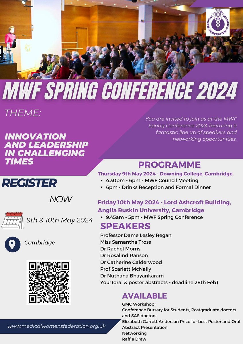 Please come to our national conference on Fri 10th May in Cambridge. The Medical Women's Federation is the largest organisation of women doctors & medical students in the UK. Please join us! +/- Dinner Thurs 9 May. All welcome including allies. Book medicalwomensfederation.org.uk +share