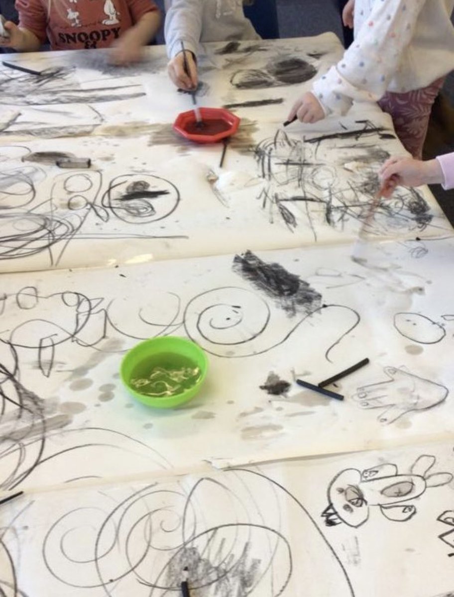 It’s all about the process! Here, my class explored charcoal on large pieces of paper. They were given charcoal, water, brushes & rubbers & left to their own devices! Little artists learn so much from this sort of set up. Busy chatter both develops and reinforces their…