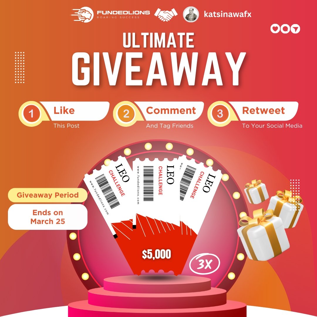 🥂 give away alerts 🥂 3 x 5k to enter: 1. Follow @limitless_noman and @FundedLions @Eurusd_Hunter 2. Like and Retweet this post 3. Tag 3 people 4. Join the discord: discord.com/invite/fundedl… most follow @HabibAhmard @NuhuAliyuGimba1 @em_ess001 @justwisdomfx @ForexTvOfficial