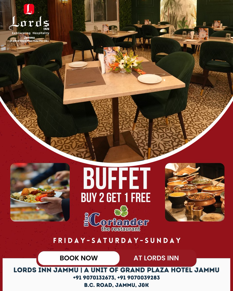 'Indulge in a delightful buffet experience at Blue Coriander! Buy 2 buffet meals and get 1 free, all for just 999 per person. Available every Friday, Saturday, and Sunday. Don't miss out on this unbeatable offer! 🍽️
.

#bluecoriander #buffetspecial #buy2get1free #weekendspecial