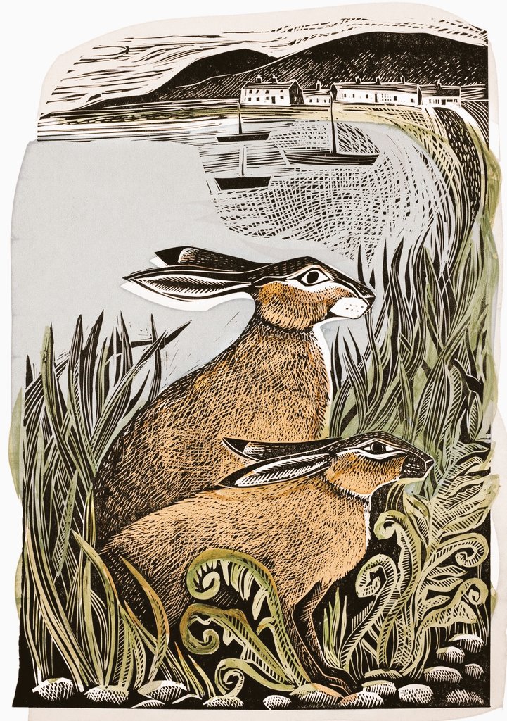 'Rathlin Golden Hares' by Angela Harding, UK artist and printmaker #WomensArt