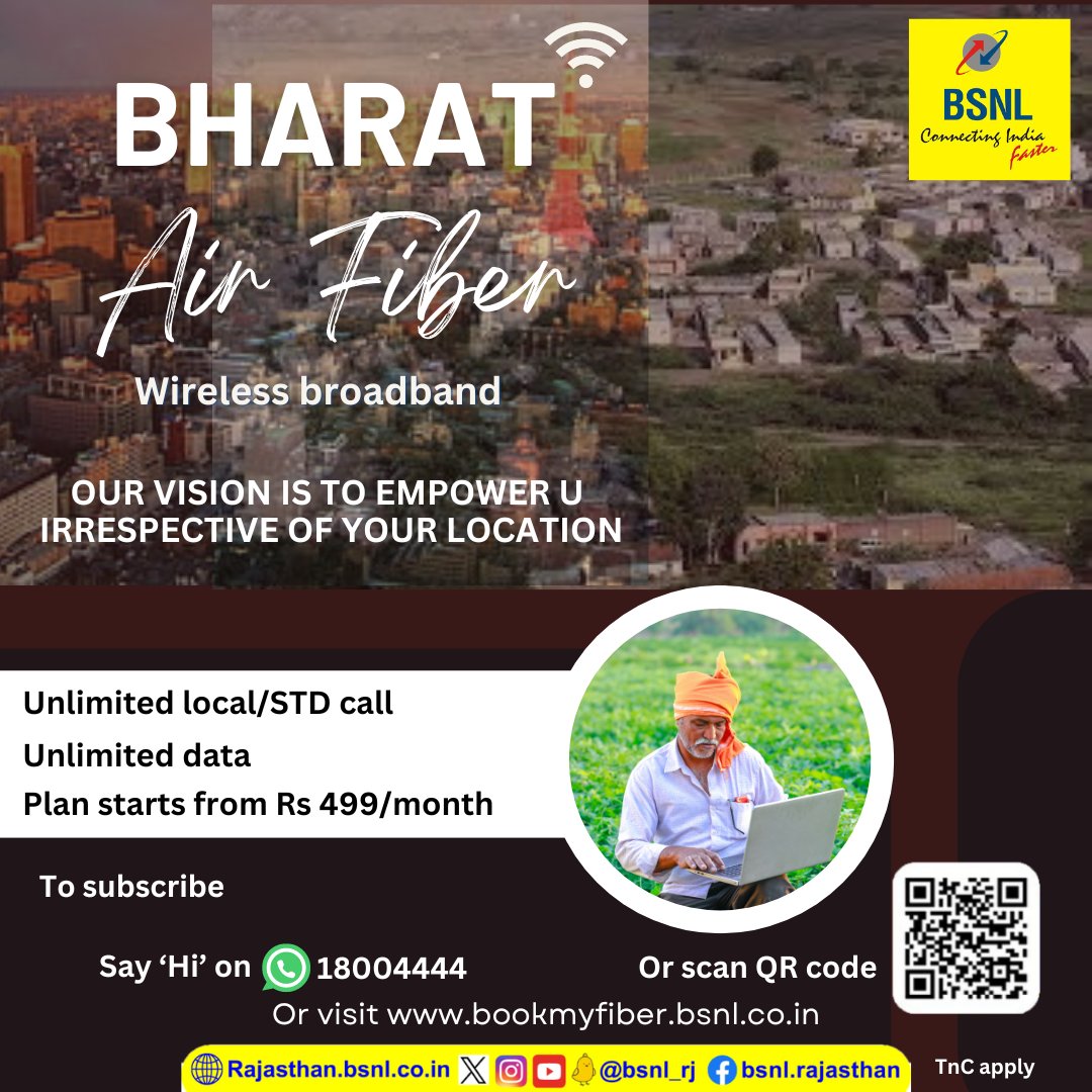 BSNL_RJ's tweet photo. #UnlimitedData, #UnlimitedCalling
Subscribe #BSNL #BharatAirFiber (Wireless Broadband)
Book Now- https://t.co/kqmAq7qDLP
#Internet4All #ConnectingTheUnconnected #BridgeTheDigitalDivide #FamilyWiFi #WiFi https://t.co/Bclyrt1spg