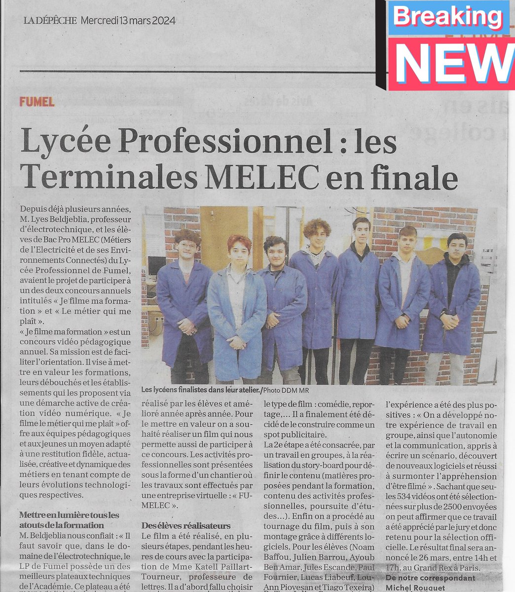 fumelec's tweet photo. #parcoursmetiers #bacpro #fumel  #Concours #jefilmemaformation le filme réalisé ds le cadre de la co-intervention des TMELEC 2024 est en final
 Lou-Ann Noam Julien Ayoub Jules Paul Lucas et Tiago  préparez-vous on monte à Paris le 26 mars pr assister à la cérémonie au Grand Rex😁 https://t.co/vkM0uK7amm