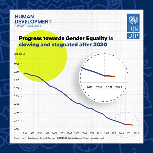 Since the #COVID19 pandemic, the global progress towards #GenderEquality has stagnated, according to the latest analyses on gender inequality from @UNDP’s new #HDR2024.   Explore our data: report.hdr.undp.org