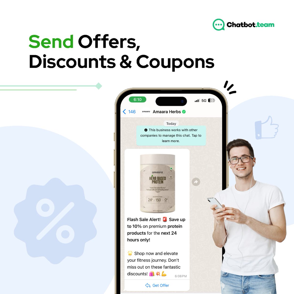 ChatbotTeam's tweet photo. Are you wasting time and money on digital promotions?
It’s time for a change. Connect with us (Best Customer Engagement Platform)

Example : When a new customer enters your website, send them a 10% off coupon for their first purchase in a live chat message box. https://t.co/qnR6vWT12h