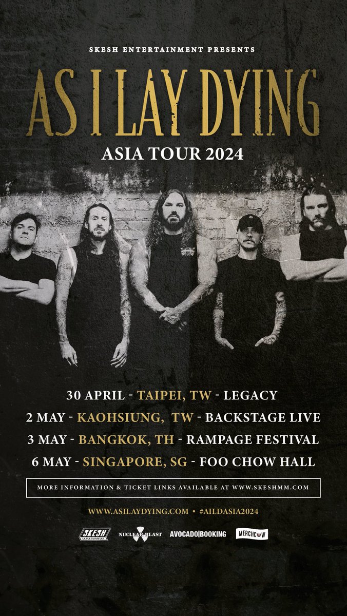 We're excited to welcome back metalcore giants @ASILAYDYINGBAND back to Asia! Tickets on sale this March 23rd! #AsILayDying #SkeshEntertainment