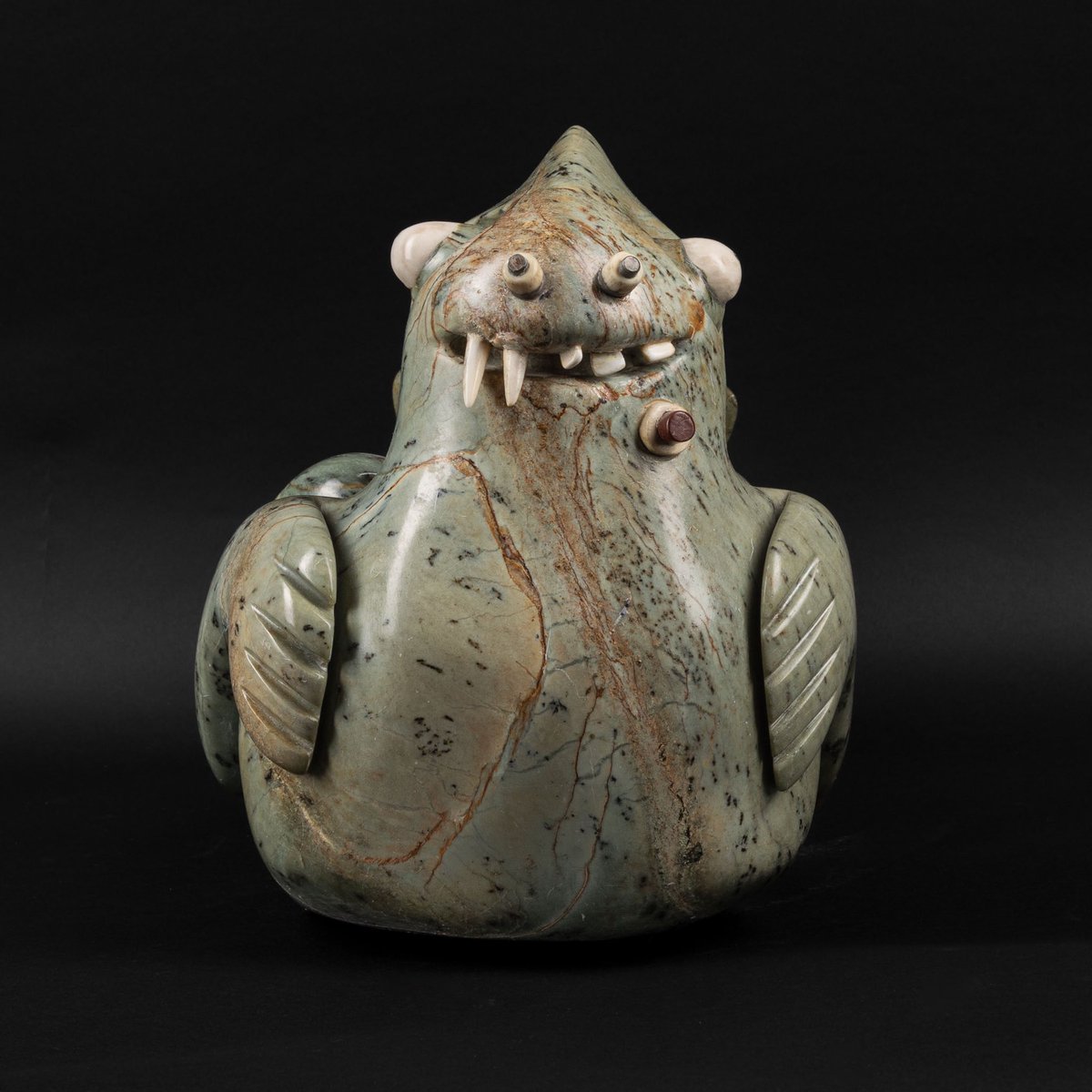 Amazing sculpture by Floyd Kuptana, 43 cm long, 25 cm high, year 2000 signed. “ Transforming shaman” 
6 eyes, 3 faces, 3 mouths. walrus, shaman &amp; bird. #floydkuptana #projectfloydkuptana #inuitart floydkuptana.ca
 — Waddingtons.ca - go.shr.lc/3IFgxFu