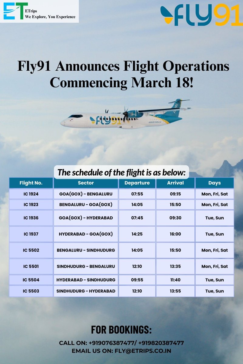 Fly91 Announces Flight Operations Commencing March 18!
@fly91_IN #Fly91 #FlightLaunch #TravelAnnouncement #FlightOperations #March18 #NewAirline #TravelNews #AirTravel #FlightCommencement #Etrips #Flightbooking #Hotelbooking #Tourpackage #Booknow #TravelUpdate #Travelnews