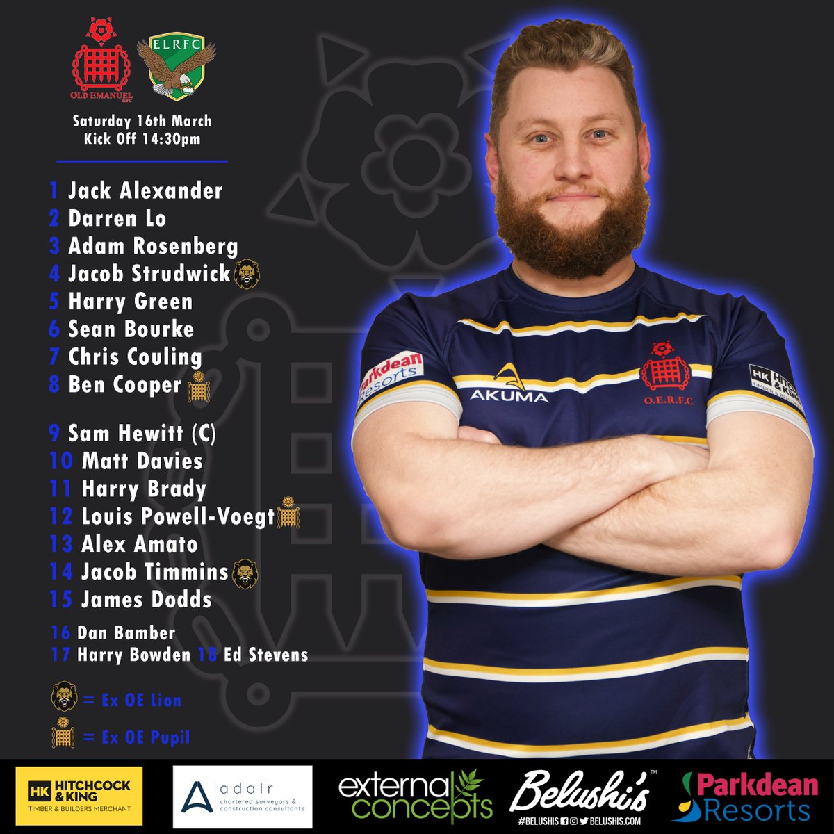 Here's our line up for today's fixture against Effingham &amp; Leatherhead RFC

We have the AGM meeting at the club at 12:00pm and kick off at 14:30pm, so see you there!

💙💛💙💛