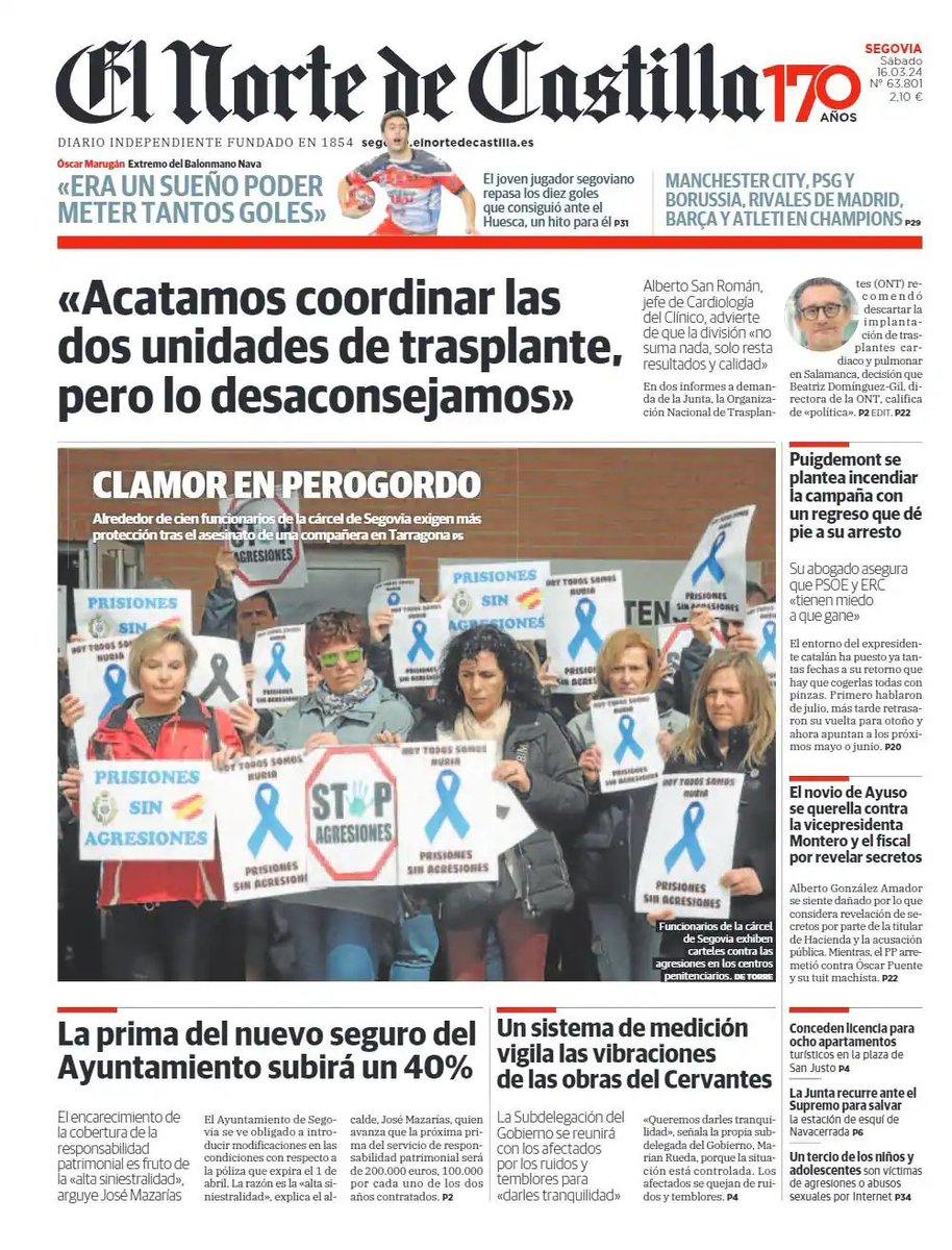 Buenos días. Os dejamos la portada de hoy de la edición impresa de El Norte de Castilla #Segovia