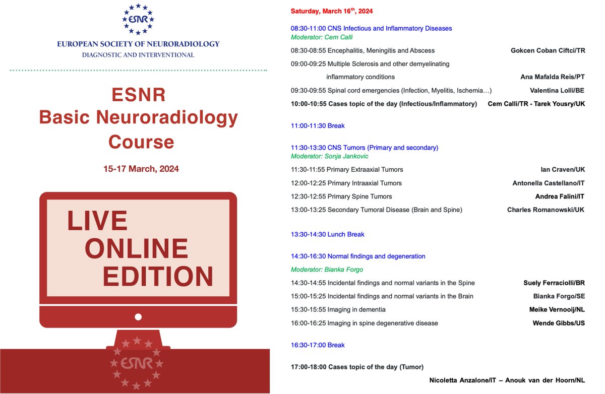 Wake up: it's time for the ESNR Basic course Day 2! Here's the schedule! #Neurorad #ESNRBasic #ThisIsESNR @esnrise @gennadanna @brainpaparazzo @faziosuely @wendengibbs