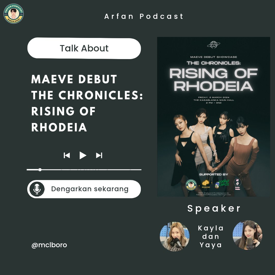 ️

️

          ━━━━━━━━━━━━━━━━
               Podcast Talk About
    MAEVE Debut The Chronicles:
                 Rising Of Rhodeia
          ━━━━━━━━━━━━━━━━

On air today at 3.00 PM with speaker : Kayla &amp; Yaya.
Stay tune!

️