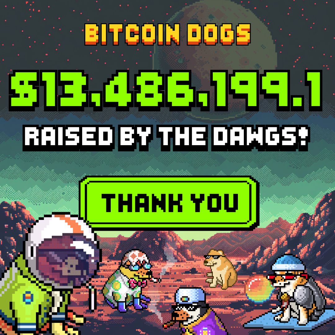 BitcoinDogsClub's tweet image. 🎉 The $0DOG presale has officially ended, and what an incredible journey it's been with the dawgs!🔥

With over $13,486,199.1 raised, we've set the bar high for the future!📈

Thank you to everyone who joined us on this wild ride – let's keep the momentum going! 🚀🐾…