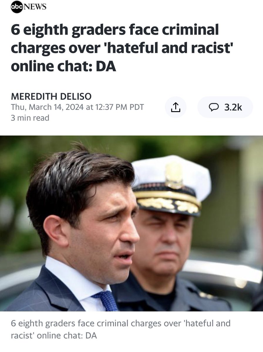 jakeshieldsajj's tweet image. Six 8th graders are facing criminal charges in Massachusetts for being racist and hateful in an online chat 

Our first amendment allows us the right to be racist 

This is ridiculous and a huge overstep of power
