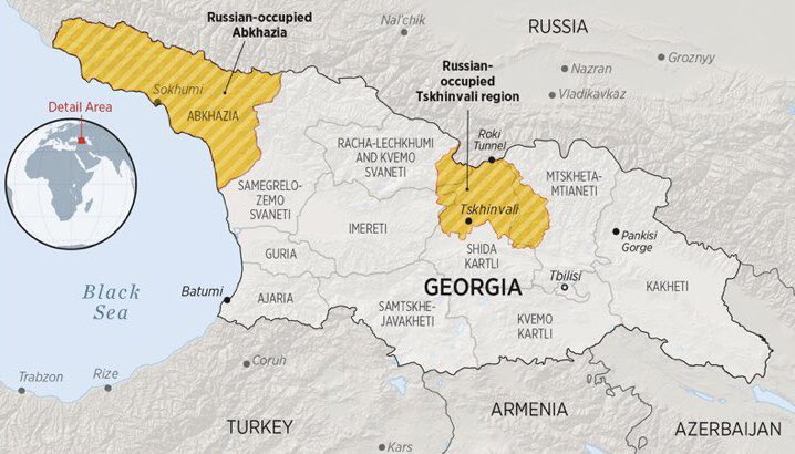 Holding #Russia|n sham elections in the RUS-occupied territories of 🇬🇪 is a blatant violation of norms and principles of int’l law, it has no validity under int’l law & represents a step towards factual annexation of two #Georgia|n 🇬🇪 provinces #StopRussia Map: @Heritage