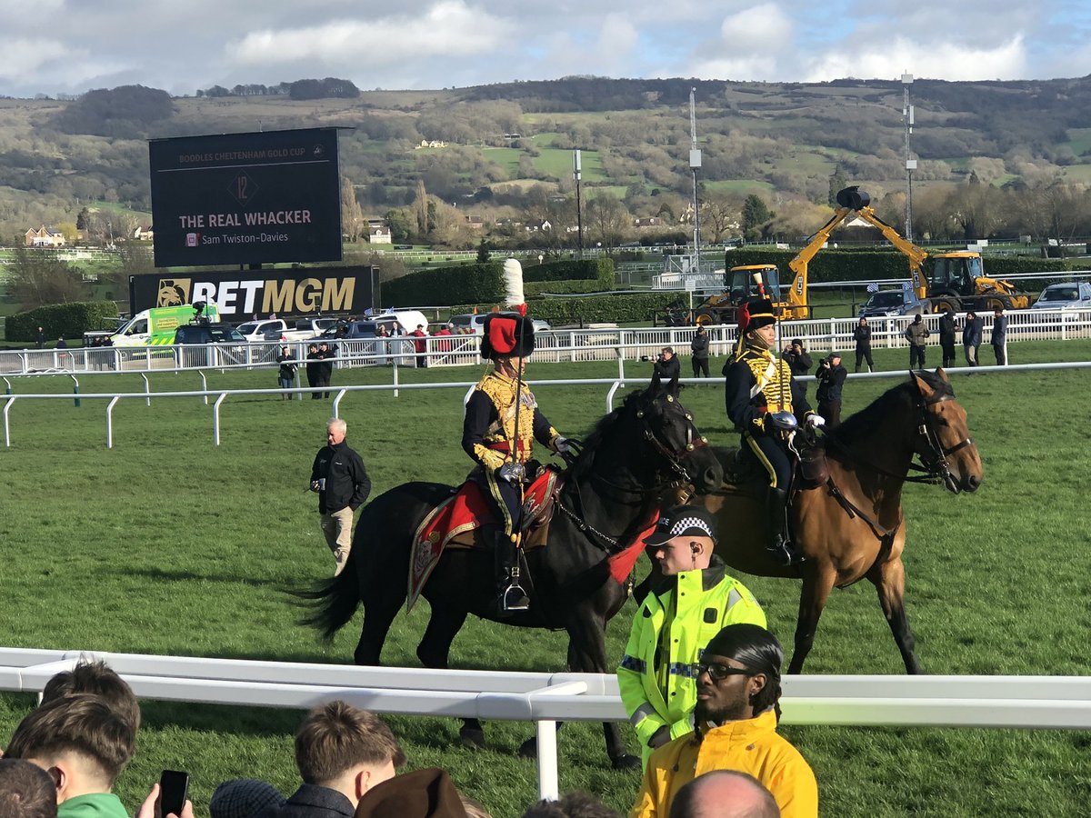 Major Alexander Bathurst and OB Tanasen represented the RGH as they led the Cheltenham Gold Cup riders on to Prestbury Park. @ChelFestival #CheltenhamFestival #CheltenhamRaces