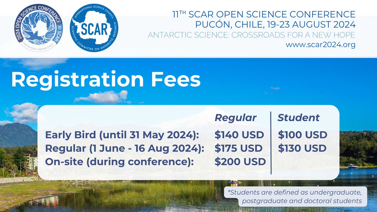 🇦🇶Announcing the #SCAR2024 Registration Fees 🇦🇶 Extensive efforts have been made to ensure ensure accessibility without compromising the spirit of the meeting: bringing the global Antarctic community together in person after 6 years! ➡️ scar2024.org/pricing/