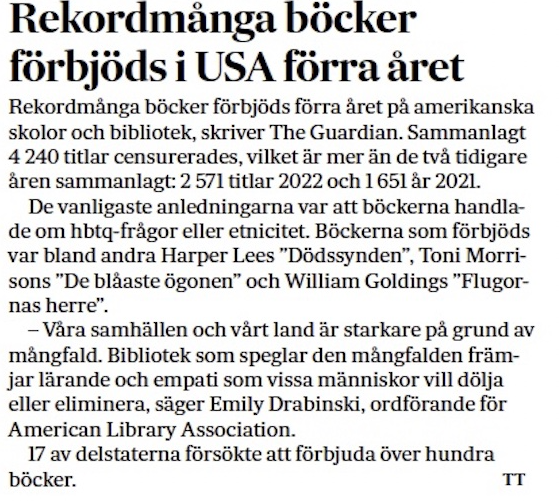 TobiasHubinette's tweet photo. Medan högern, påhejad av utbildningsminister Mats Persson, hävdar att det är ”woke-vänstern” som censurerar och cancellerar så rapporterar Amerikanska biblioteksförbundet att fler böcker än någonsin tidigare förbjöds på amerikanska skolor (inklusive högskolor) under förra året. https://t.co/GypbtNY8Tz