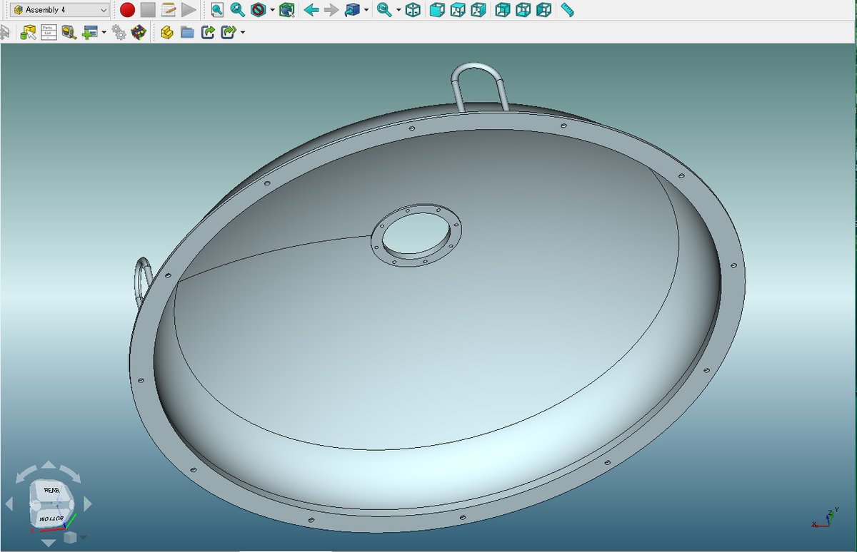 sy_paladin's tweet photo. #FreeCAD #Assembly4
空想メカ。
集塵機(バッグフィルター式)のHead Plateが書けました。🍎
SD型(直径1250mm,板厚3.2mm)の鏡板(Head Plate)を利用しています。😅
送風機の仮配置図、断面図も書きました。🙂 https://t.co/3lP1k5jSJI