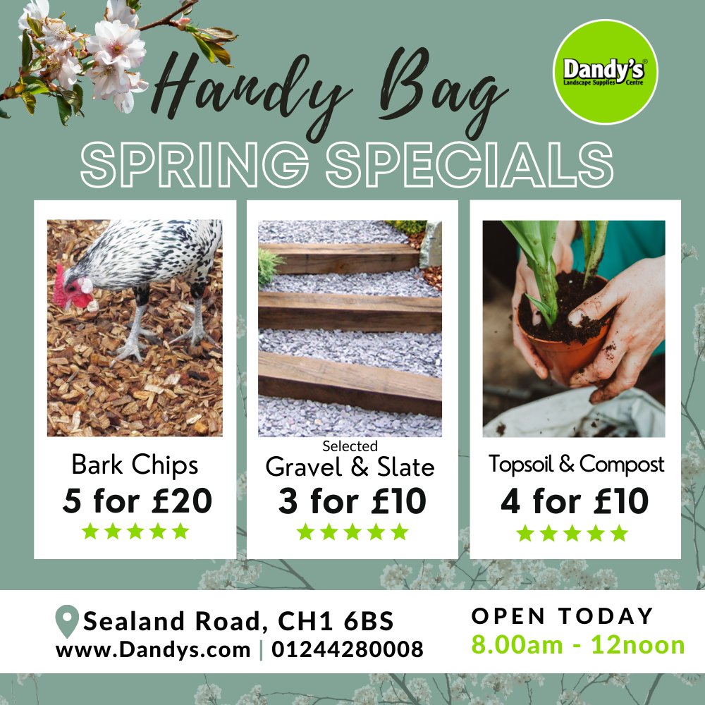 DandysTopsoil's tweet image. OPEN TODAY 8am - 12noon!
🌸 Bark Mulch 5 x Handy Bags £20
🌸 Selected Gravel &amp;amp; Slate 3 x Handy Bags £10
🌸 Compost &amp;amp; Topsoil 4 x Handy Bags £10

🕗 Open 8am - 12noon
📍 Sealand Road, Chester, CH1 6BS.
📞 01244280008

#specialoffer #topsoil #gardening #landscaping #compost #mulch