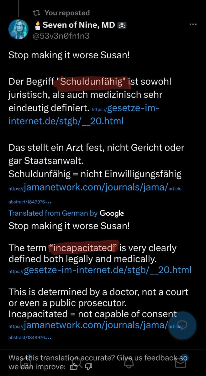 53v3n0fn1n3's tweet photo. Interesting. Even the translate function of X ecactly knows how to best translate the legal term "Schuldunfähig" from german.

"INCAPACITATED" @CharlesRixey
@Jikkileaks @NestCommander
#SusanGate https://t.co/pDuC21o137