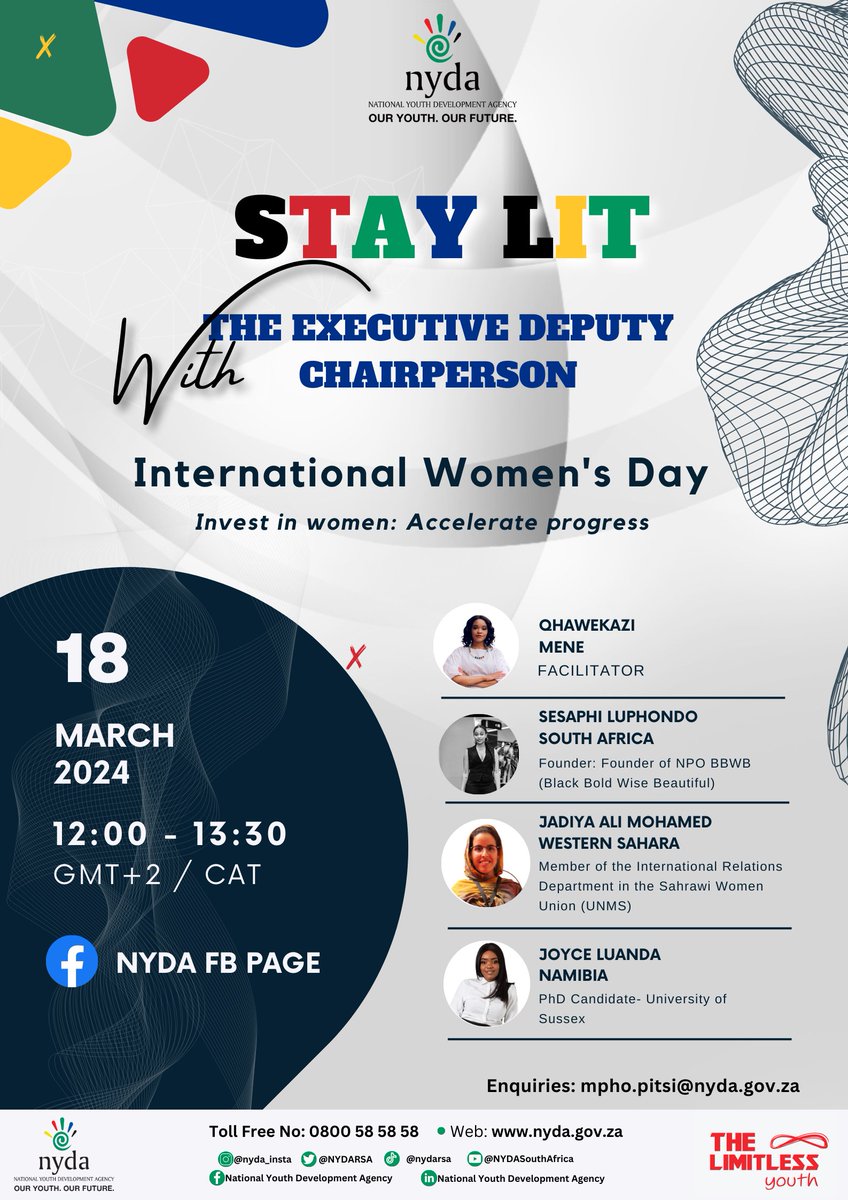 SAVE THE DATE!! I am delighted to be selected to moderate The Office the deputy chairperson at @NYDARSA International Women's day Dialogue. You are invited, as we explore this years theme 'Invest in women: Accelerate Progress #SDG5 #TheAfricaWeWant #ProudlySouthAfrican