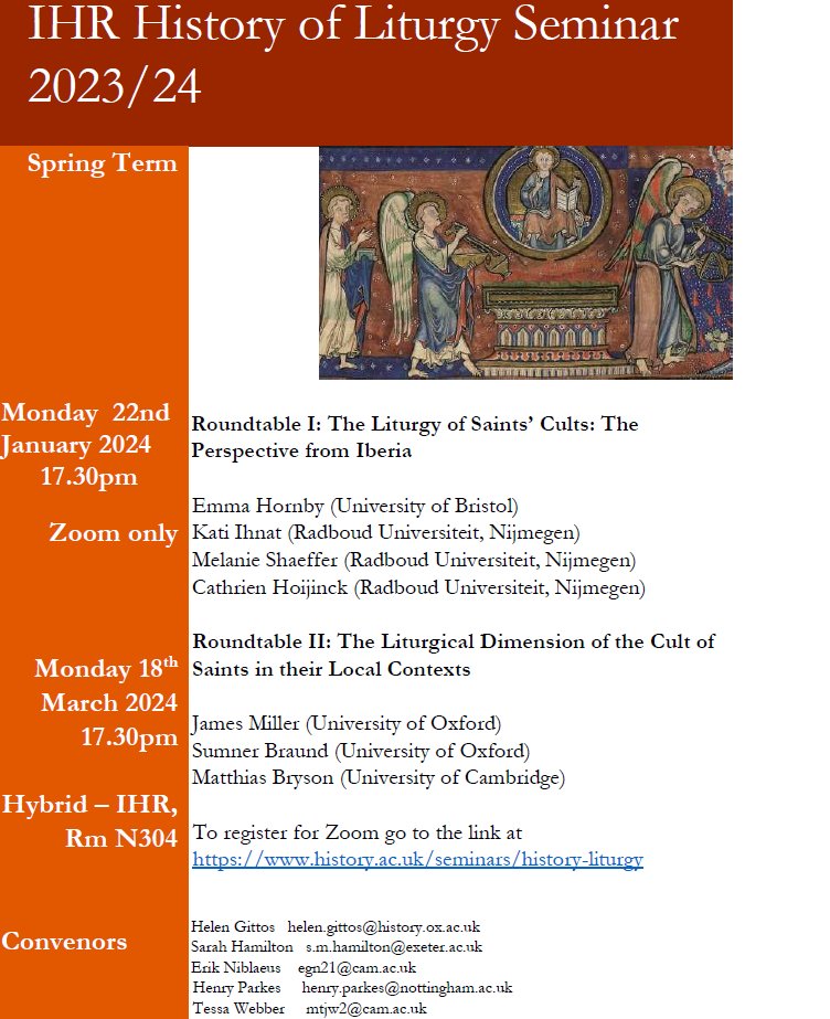 Monday 18 March 17.30 **in person** & online: a Roundtable on Liturgy & the Cult of Saints with James Miller & Sumner Braund @OxMedStud, Matthias Bryson @camedieval. Join us @ihr_history History of Liturgy seminar. To register for online participation: history.ac.uk/seminars/histo…