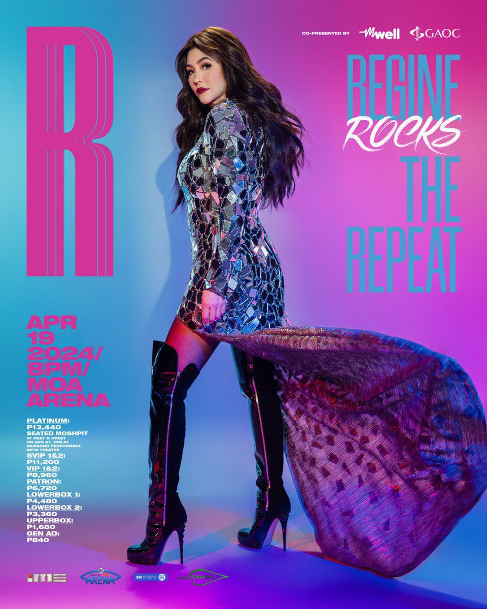 TheRVFriends's tweet photo. REGINE ROCKS THE REPEAT
APRIL 19, 2024
8PM, MOA ARENA

Meet-and-greet will be on April 21, 1PM at Samsung Performing Arts Theater

Get your tickets now! 
https://t.co/i31bjs7DSX…
and all @sm_tickets outlets
@moaarena

CO-PRESENTED BY:
@mwellph
@gaocdental https://t.co/uiU3kNf4n6