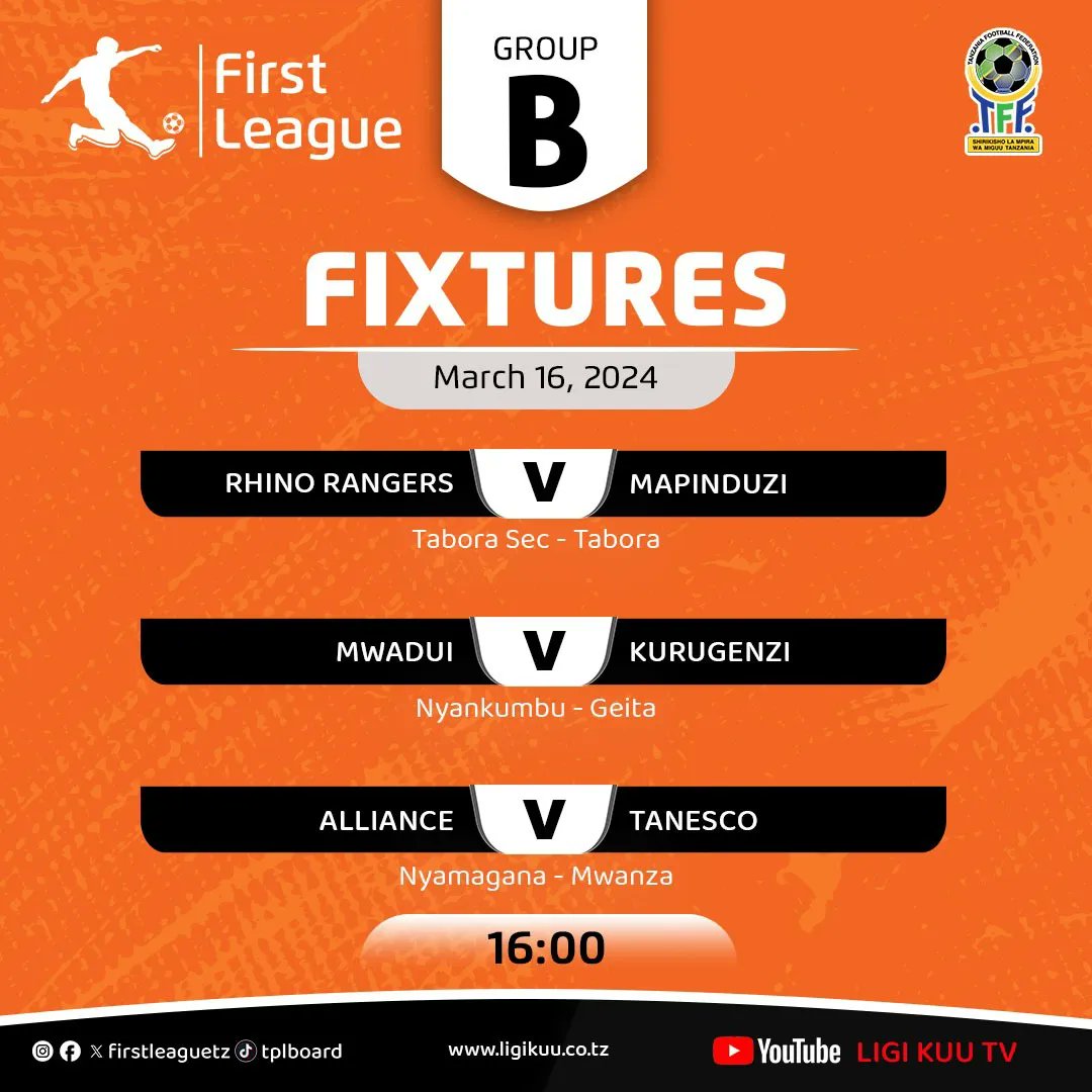 Ratiba ya michezo ya <a href="/firstleague_tz/">Tanzania First League 🇹🇿</a>  leo Machi 16, 2024.

<a href="/Tanfootball/">TFF TANZANIA</a>  <a href="/firstleague_tz/">Tanzania First League 🇹🇿</a>