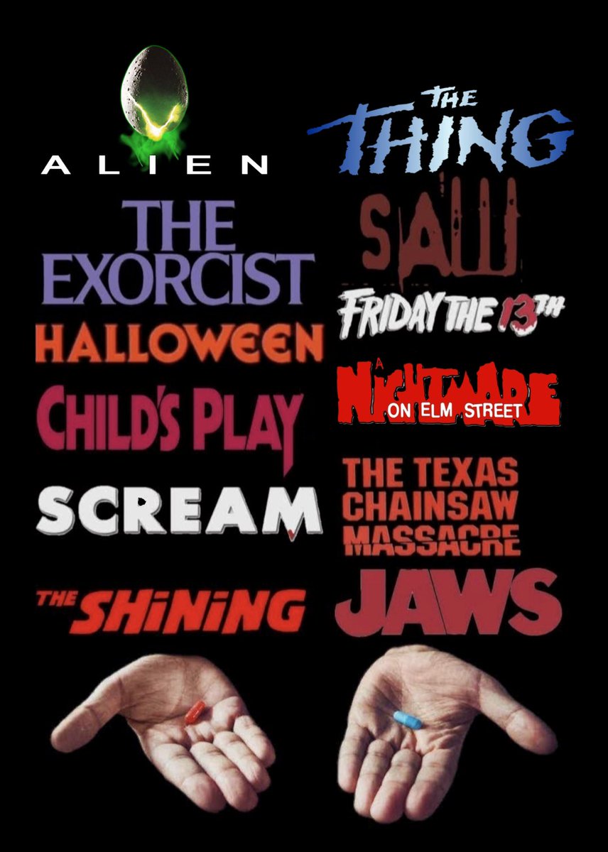 horrorlists's tweet photo. Red Pill or blue pill? #HorrorFamily https://t.co/gsuGRxRliC