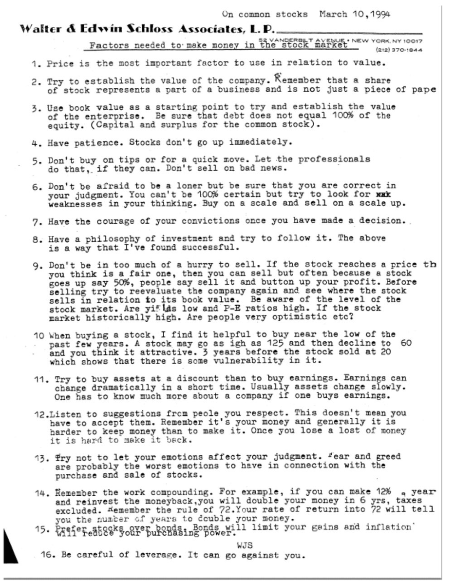 MnkeDaniel's tweet photo. 15 Rules for Making Money in the Stock Market by Legendary Investor Walter Schloss: https://t.co/hm7VFZgKnp