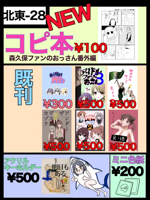 3/17(日)神戸国際展示場で開催されるシンデレラ☆ステージ12STEPのお品書きです。
スペースは【北東-28】
新刊はコピ本で「森久保ファンのおっさん番外編」です。
新刊は100円。既刊ももりもりあります。
ミニ色紙も頒布予定。
コピ本冒頭も貼っておきます。
#cin_stage  #シンステ 