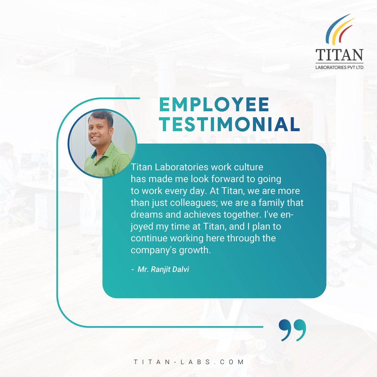 We are thrilled to share an outstanding review from one of our dedicated team members at Titan Laboratories! 

#employeereview #review #employee #employeeengagement #feedback #employeeexperience #titan #titanlaboratories #titanlaboratoriespvtltd