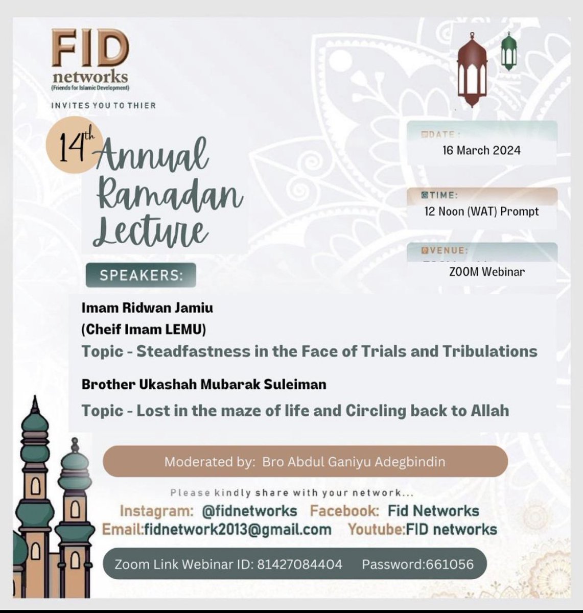 FidNetworks's tweet photo. Salam.

I pray this meets you in the best of health and Iman. A gentle reminder about our annual Ramadan Lecture

Please click the link below to join the webinar for free:
https://t.co/F9EBueGE4B

Webinar ID: 814 2708 4404
Webinar Passcode: 661056 

#Ramadan #Muslims #islam https://t.co/KRFu8DBsxa