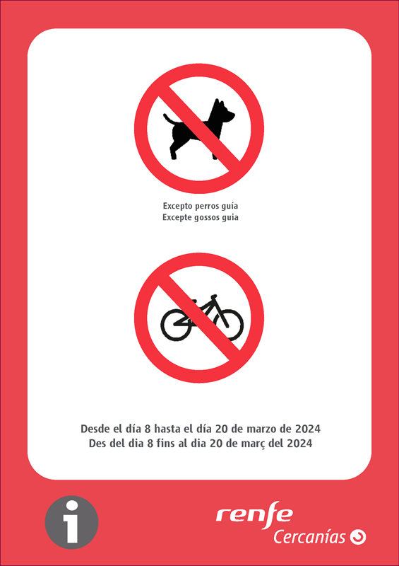 CercaniasVLC's tweet photo. 📌📅Desde el día 0️⃣8️⃣  hasta el 2️⃣0️⃣ de marzo del 2024 no está permitido:
  🚫 Bicicletas 🚲 
  🚫Mascotas (a excepción de perros guía🦮 ✔️)

📌📅Des del dia 0️⃣8️⃣ fins al 2️⃣0️⃣ de març del 2024 no està permés:
 🚫 Bicicletes 🚲 
 🚫Mascotes (a excepció de gossos guia🦮 ✔️) https://t.co/Vfj7o1Suvv