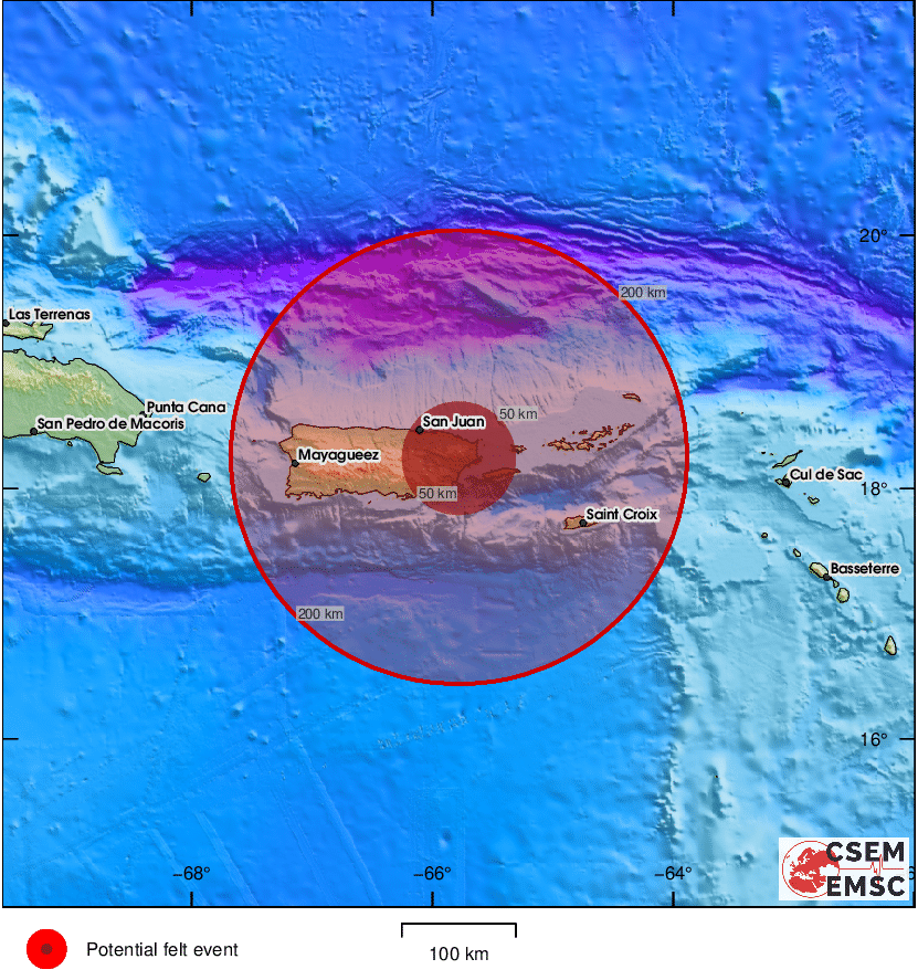 LastQuake's tweet photo. #Earthquake (#sismo) possibly felt 6 sec ago in #PuertoRico (detected from @SismoDetector). Felt it? Tell us via:
📱https://t.co/IbUfG7TFOL
🌐https://t.co/AXvOM7I4Th
🖥https://t.co/wPtMW5ND1t
⚠ Automatic crowdsourced detection, not seismically verified yet. More info soon! https://t.co/QlyxeJWmC7