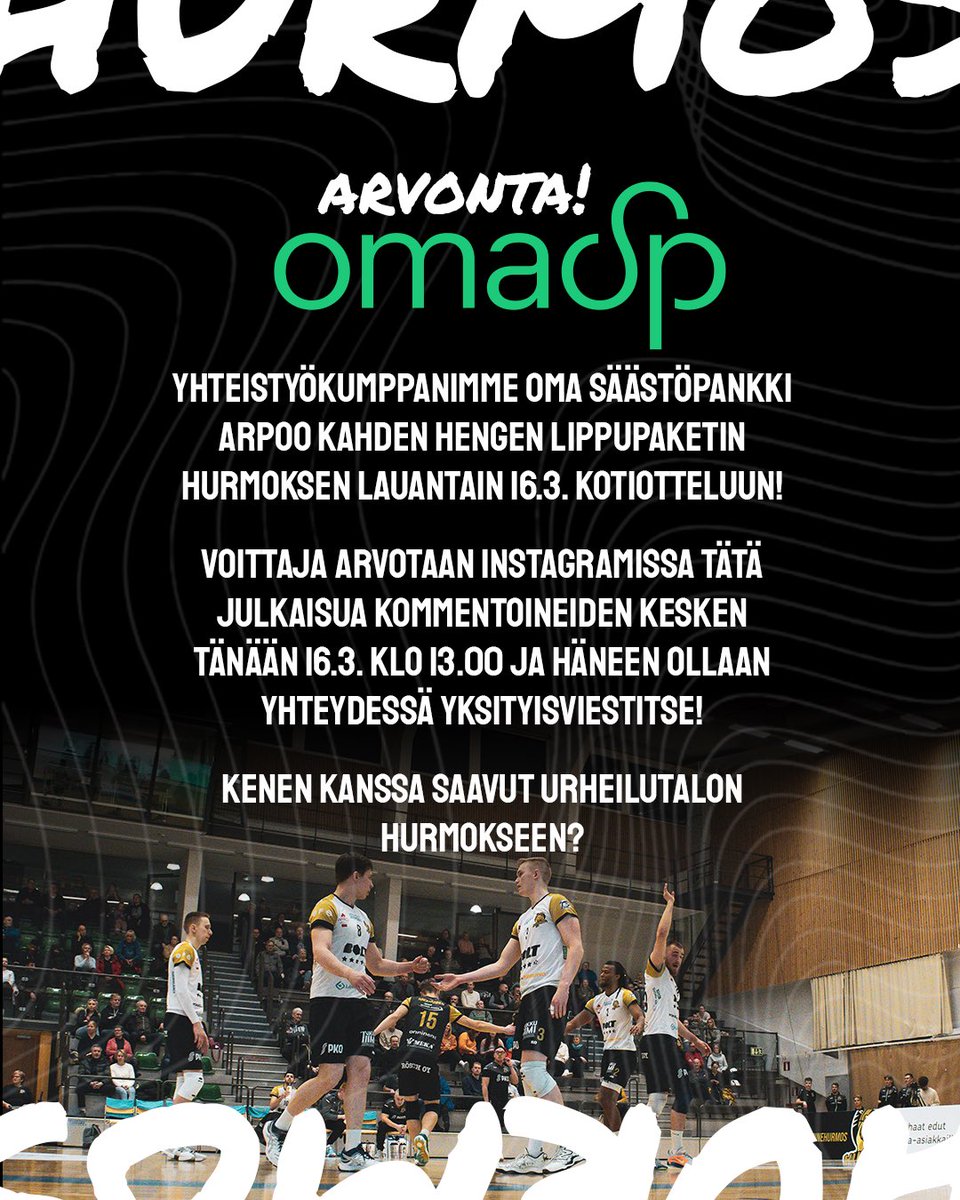 Osallistu arvontaan, voit voittaa kaksi lippua tämän päivän Hurmokseen! 🥳🤝

Kenet toisit matsiin? Osallistu arvontaan Instagramissa! 😎

#lentopallo #mestaruusliiga #joensuu