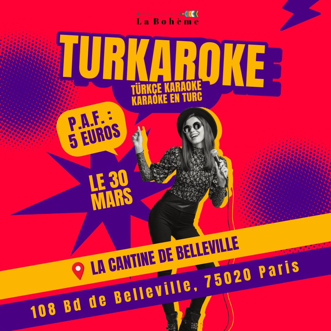 30 Mart Cumartesi günü, Paris’te düzenleyeceğimiz Türkçe karaoke etkinliğimizde mikrofon senin! 🎙 La Cantine de Belleville’de gerçekleşecek olan bu eğlenceli etkinliğimizi takvimine eklemeyi unutma. 🕺💃🏻

Rezervasyon: helloasso.com/associations/l…