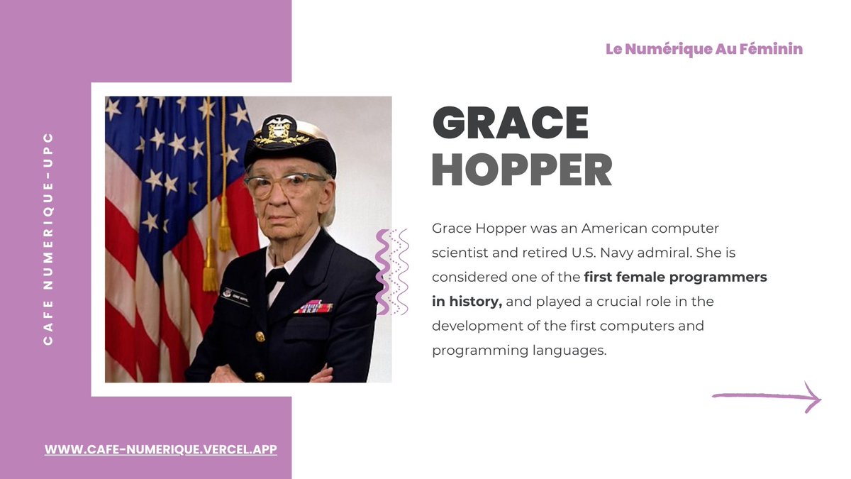 CafeNumUPC's tweet image. Today’s #OneTechWomanADay, special woman is Grace Hopper.
#WomenInTech #100DaysOfCode. #TechCafe.