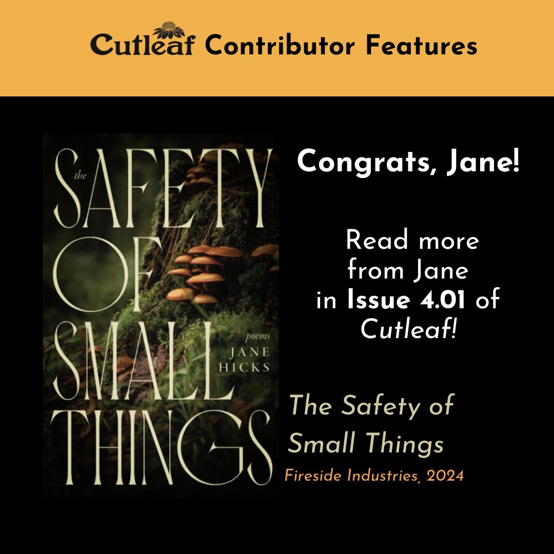 Cutleaf (@cutleafjournal) on Twitter photo Happy recent book launch to Cutleaf Issue 4.01 contributor Jane Hicks <a href="/thecosmicpossum/">Jane Hicks</a>, whose collection of poems THE SAFETY OF SMALL THINGS released in January from Fireside Industries, an imprint of <a href="/kentuckypress/">University Press of Kentucky</a>! 🤩🥳⠀
⠀
Order a copy here: bit.ly/3TrAjJE Happy recent book launch to Cutleaf Issue 4.01 contributor Jane Hicks <a href="/thecosmicpossum/">Jane Hicks</a>, whose collection of poems THE SAFETY OF SMALL THINGS released in January from Fireside Industries, an imprint of <a href="/kentuckypress/">University Press of Kentucky</a>! 🤩🥳⠀
⠀
Order a copy here: bit.ly/3TrAjJE