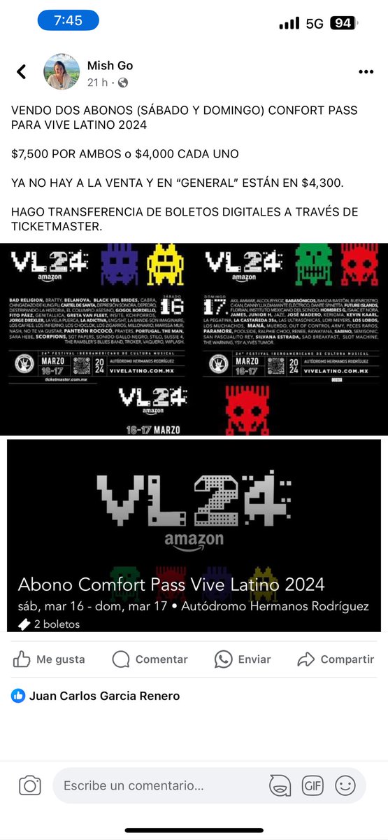 mish_go1's tweet photo. Tengo dos ABONOS CONFORT PASS para el VIVE LATINO (hoy y mañana) @vivelatino 

Los vendo juntos, solo uno, por día o como quieran. 

Info DM. 

#ViveLatino2024 #ViveLatino #Boletos #VentaBoletos https://t.co/stoXxzciKN